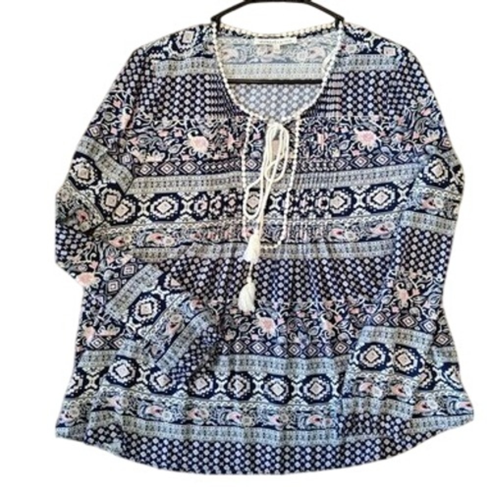 Daniel Rainn Navy Pink Mixed Print Tassel Boho Peasant Blouse Women Large